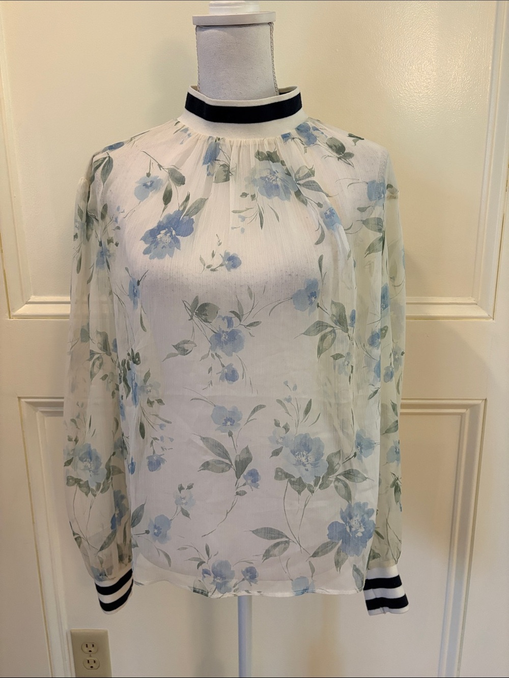 French Connection White Sheer Floral Blouse with Blue Flowers